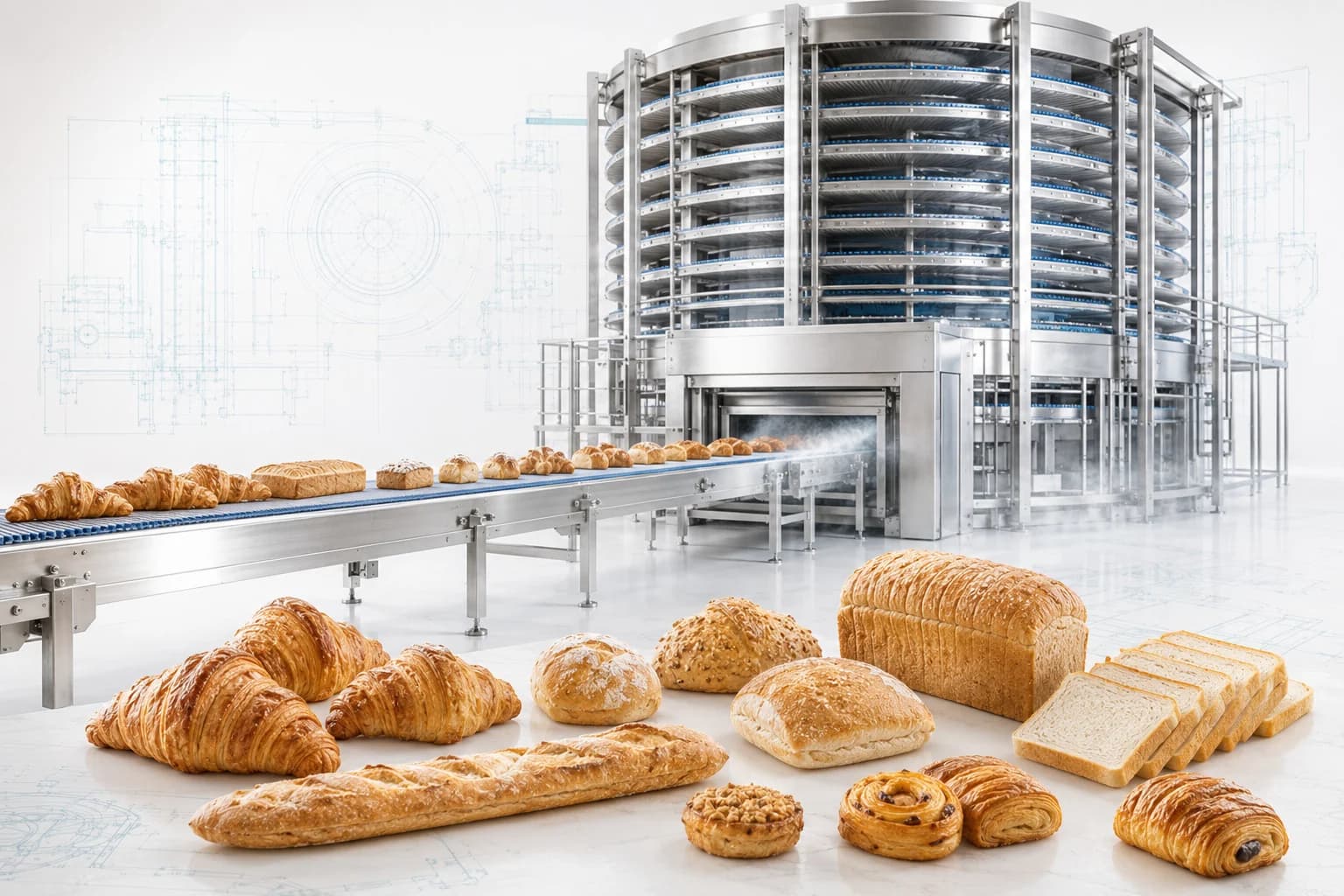 Industrielle Backlinie mit Durchlaufofen und Kühlband, davor frische und tiefgekühlte Gebäcke; im Hintergrund die technische Zeichnung der Anlage