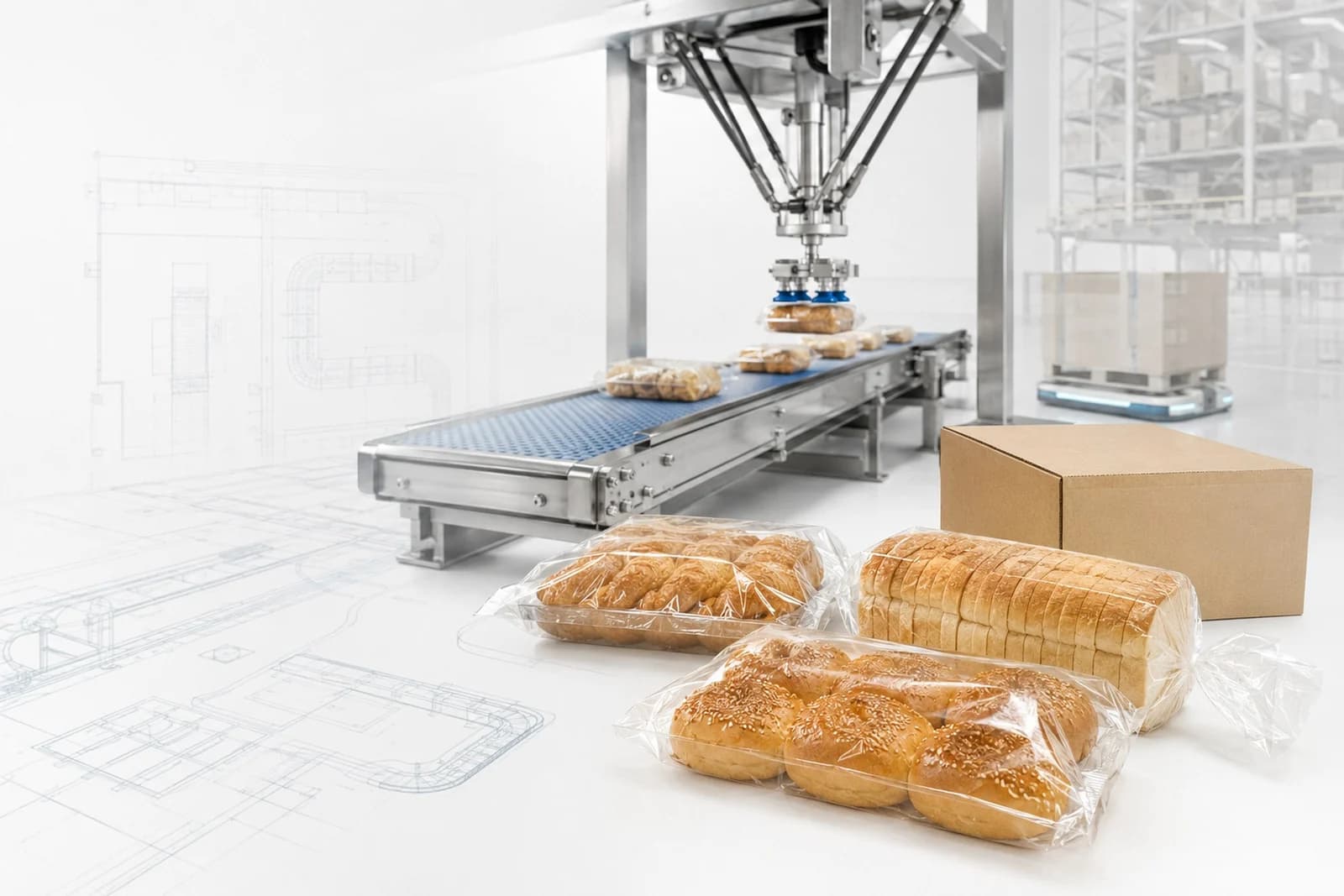 Verpackungslinie mit Schlauchbeutelmaschine, Kartonierer und Palettierroboter, im Hintergrund ein Hochregallager