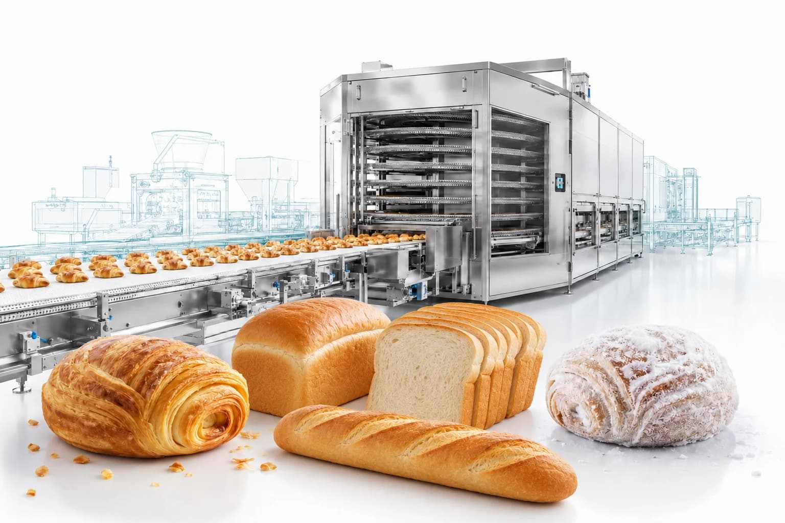Industrial baking line with tunnel oven and cooling conveyor, in front of it Danish pastry, toast bread, baguette and a powdered-sugar pastry; in the background the technical drawing of the line