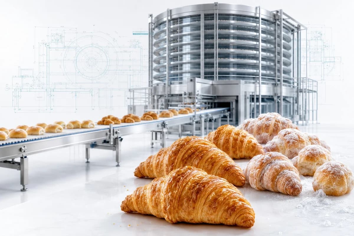Spiralkühler und Durchlaufofen einer Backlinie, auf dem Band laufende Croissants, davor frische und tiefgekühlte Gebäcke