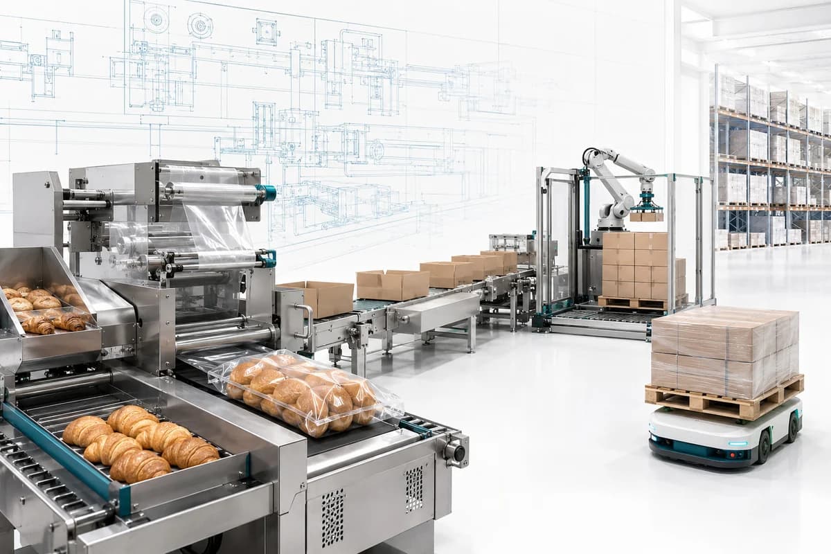 Verpackungslinie mit Delta-Roboter, folienverpackte Brötchen und Toastbrote auf dem Band, im Hintergrund Palette und Hochregallager