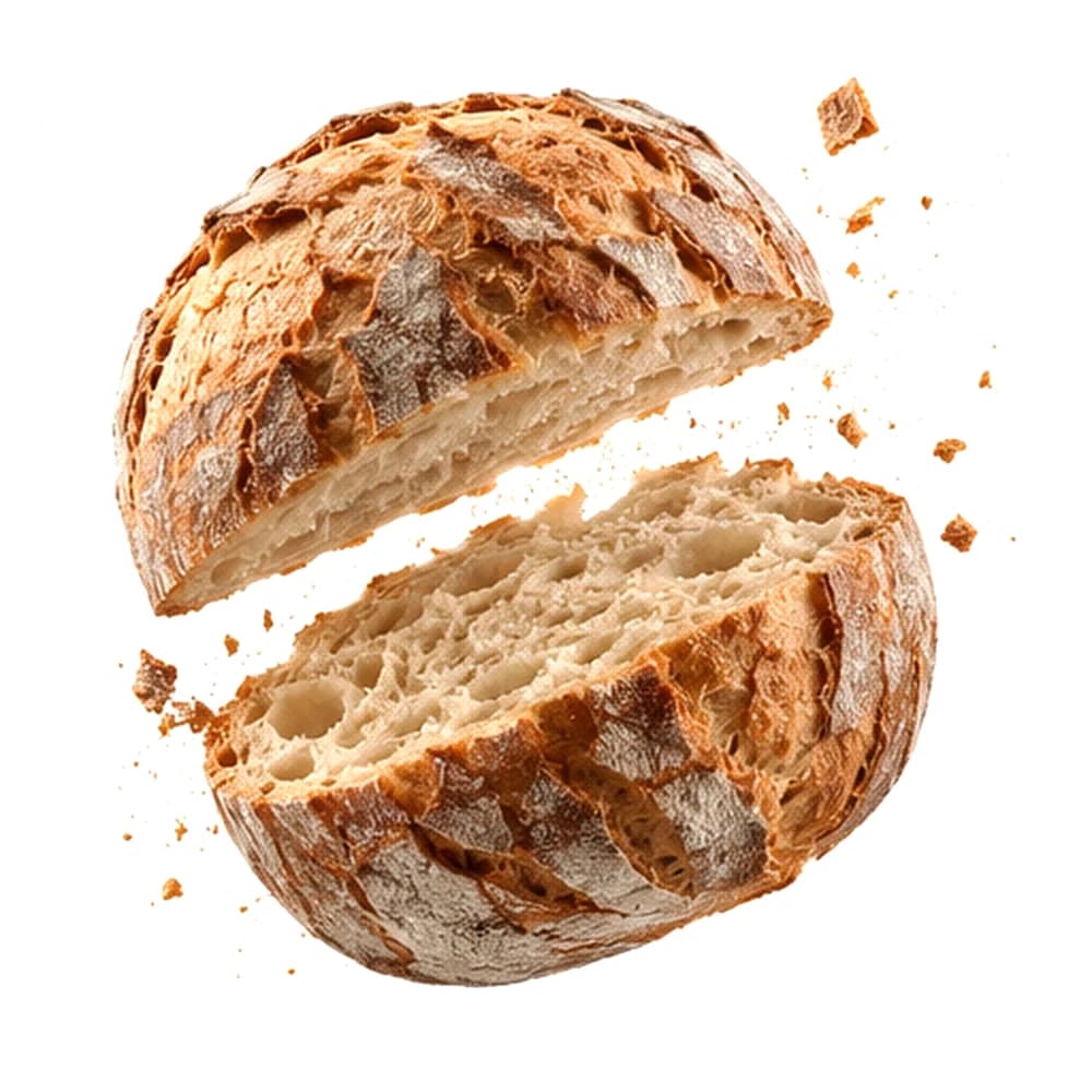 Rundes Brot mit bemehlter, aufgerissener Kruste, quer aufgeschnitten – beide Hälften schwebend, die offene Krume sichtbar