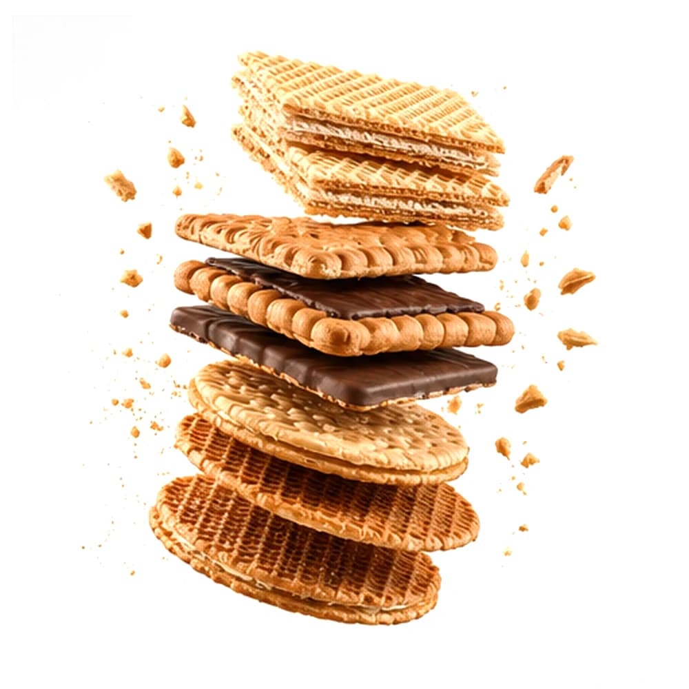 Übereinander schwebender Stapel aus Waffelschnitten, Butterkeksen und einem schokolierten Keks