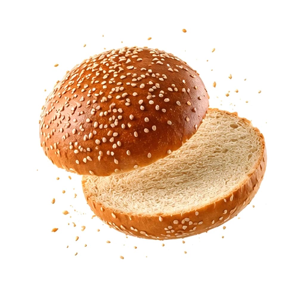 Aufgeschnittener Hamburger Bun mit Sesamdecke: Ober- und Unterseite schwebend nebeneinander, die Krume gleichmäßig fein