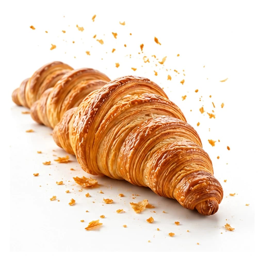 Vier gleich große Croissants hintereinander in einer Reihe, alle mit derselben Blätterung und Bräunung