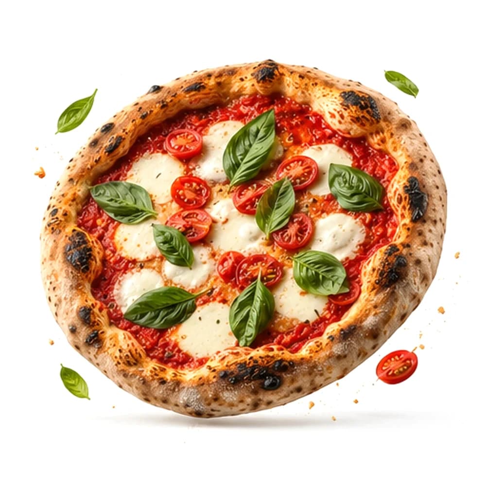 Pizza Margherita mit Tomatensauce, Mozzarella, Kirschtomaten und Basilikum auf luftig aufgegangenem Rand